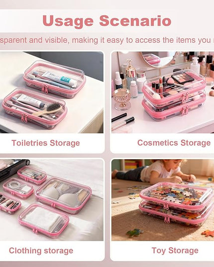 5 Pack Clear Hard Shell Zipper Pouches, TSA Friendly Transparent Design for Toiletries & Electronics, Crush-Resistant Storage for Carry-On Travel (Pink)