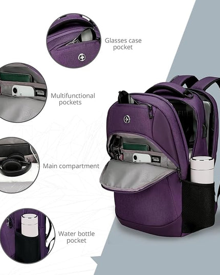 Swissdigital Design Business Laptop Backpack, College Laptops Backpack with USB Charging Port for Men and Women Fits 16 Inch Notebook, Purple | SD1670-51