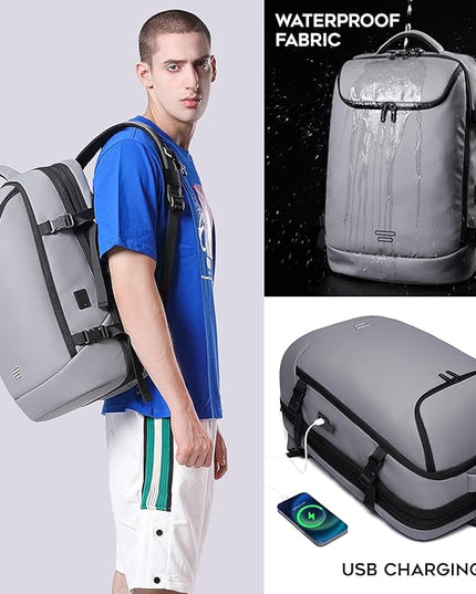 Carry on Backpack Airline Approved for Men, Travel 50L Expandable backpack Luggage Fits 17.3 Inch Laptop with USB Charging Port(grey)