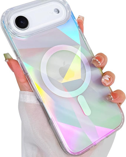 Cute Case for iPhone Air Case for Women Girls [ Compatible with Magsafe ] Clear Glitter Girly Aesthetic Rainbow Sparkly Bling Magnetic Phone Cover, Iridescent Geometry