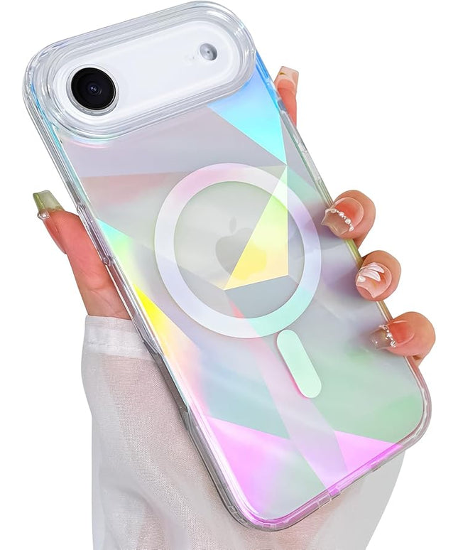 Cute Case for iPhone Air Case for Women Girls [ Compatible with Magsafe ] Clear Glitter Girly Aesthetic Rainbow Sparkly Bling Magnetic Phone Cover, Iridescent Geometry