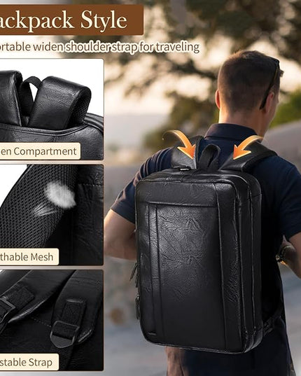 Faux Leather Messenger Bag for Men 17-17.3 Inch: Convertible 3 in 1 Backpack Laptop Briefcase Computer Handbags Shoulder CrossbodyBag with Padded for Work College Travel, PU Black