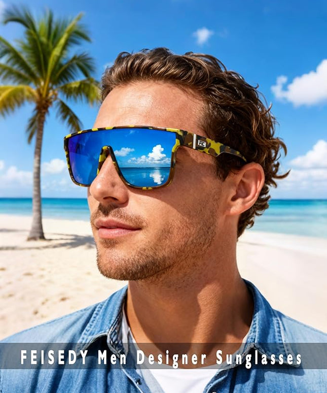 FEISEDY Sunglasses for Women Men, Fashion Mirrored Single Lens, Driving Beach Sunnies UV400 Shades B2996