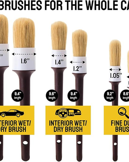Soft Boar Hair Car Detailing Brush Set - 6-Pack - Scratch-Free Soft Bristle Cleaning Brushes - Reaches Tight Spots & Interior Car Cleaning Kit - Ergonomic & Durable Detailing Supplies