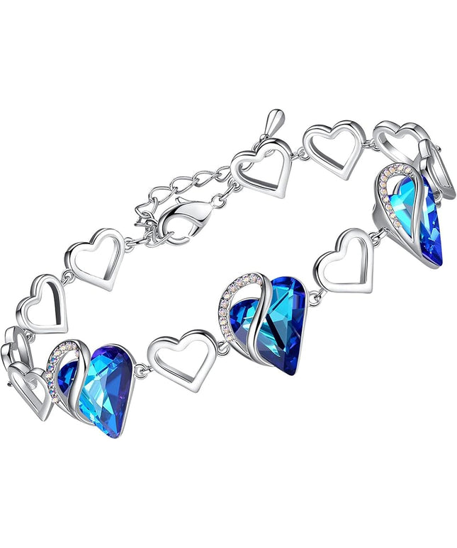 Leafael Infinity Love Heart Link Bracelets, Birthstone or Healing Stone Crystal Bracelet for Women, Silver Tone Jewelry Gifts for Her, 7-inch Chain and 2-inch Extender