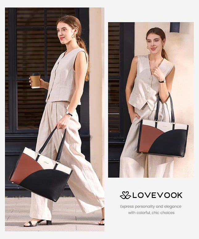 LOVEVOOK Laptop Bag for Women,17.3Inch Work Teacher Bags Leather Tote Bag Briefcase Waterproof Computer Bag for Women，Black-White-Brown