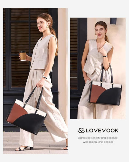 LOVEVOOK Laptop Bag for Women,15.6 Inch Work Teacher Bags Leather Tote Bag Briefcase Waterproof Computer Bag for Women，Black-White-Brown