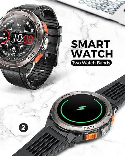 KE5 Military Smart Watch for Men with Flashlight SOS 3ATM Waterproof Watch 530mAh Big Battery 1.45" Rugged Tactical Smartwatch with Compass Elevation Barometer Fitness Watch for iPhone (Leather)