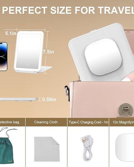 Mocado LED Foldable Travel Makeup Mirror - 5x7 inches 3 Colors Light Modes USB Rechargeable Touch Screen, Portable Tabletop Cosmetic Mirror for Travel, Cosmetic, Office (White)