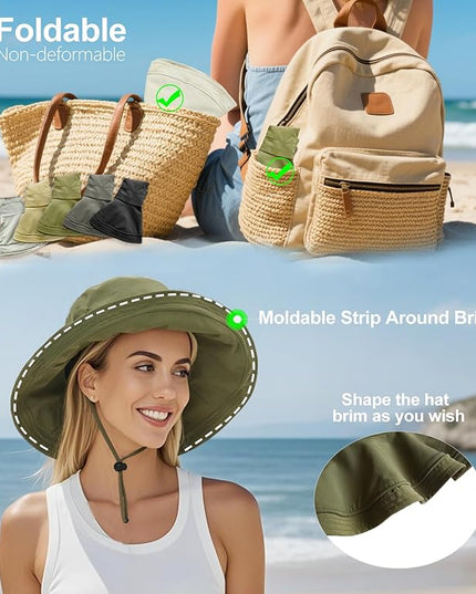 Sun Hats for Women, Wide Brim Waterproof Bucket Hat, Summer Beach Packable Ponytail Hat,UPF 50+ UV Protection