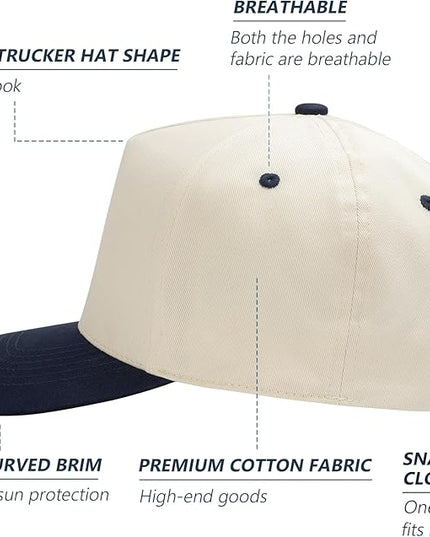 MEINICY Vintage Trendy Trucker Hat, Structured 5-Panel Snapback Hat, Adjustable Cotton Solid or 2-Tone Baseball Cap Men Women