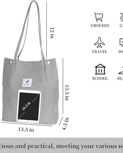 Corduroy Tote Bag Cute Tote Bags for Women Shoulder Bag with Inner Pocket for Work Beach Travel and Shopping Grocery