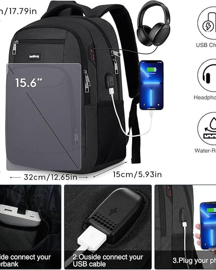 Laptop Backpack Men,School Backpacks for Student Teen Boys Bookbag College Computer Bag with USB Charging Port Fits 15.6 Inch Laptop and Notebook for Work Business Middle High School,Black