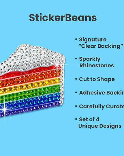 StickerBeans® Rhinestone Stickers - Happiness 4-Pack, 2” x 2” Each, Unique Sparkly Cut-to-Shape for Collecting, Trading, Decorating Laptops, Phone Cases, Scrapbooks - for Kids, Teens, & Adults