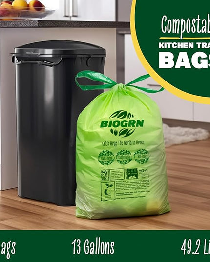 10-13 Gallon Compostable Trash Bags Drawstring 30 Bags Heavy Duty Extra Thick 1 Mil 49.21 Liter Biodegradable Trash Bags Compost Bags Green for Kitchen ASTM D6400 US BPI and OK Compost Home Certified