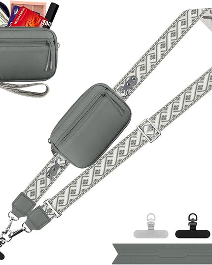 Clip and Go Strap for Phone with Wallet Crossbody, Adjustable Phone Lanyard with Detachable RFID Wristlet Wallet, Pattern Strap, Grey(M)