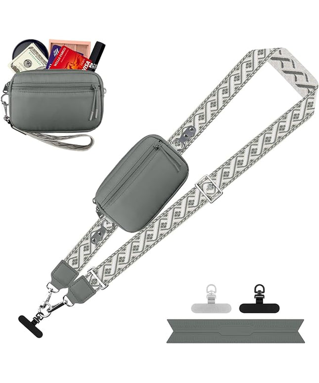 Clip and Go Strap for Phone with Wallet Crossbody, Adjustable Phone Lanyard with Detachable RFID Wristlet Wallet, Pattern Strap, Grey(M)