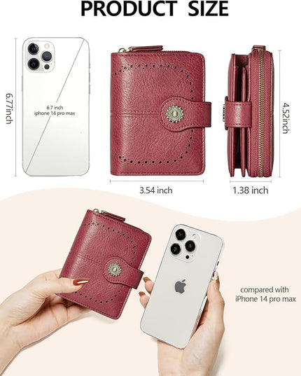 TFKGS Small Womens Wallet Leather RFID Blocking Bifold Compact Card Holder Ladies Zipper Accordion Pocket with ID Window Red