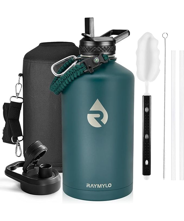 One Gallon Water Bottle Insulated, Triple Walled Vacuum Stainless Steel (Cold for 48 Hrs), Leak Proof & Non-BPA, Large Water Flask Jug with Paracord Handle & Straw Spout Lids