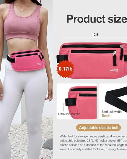 RFID Blocking Money Belt for Men Women, Slim Fanny Pack for Travel，Running,Conceal Waist Wallet for Passport Holder,Phone,Cash(Hot Pink)