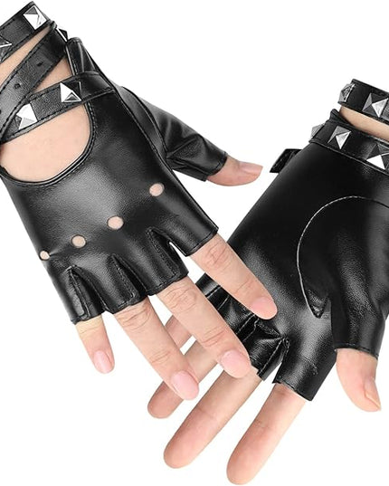 Accmor Leather Punk Gloves Fingerless Gloves for Women Driving Cycling Sports Cosplay Performance Half Finger Gloves for Women Teens Kids