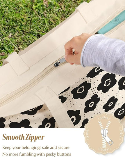 Large Tote Bag for Women - Canvas Tote Bag with Zipper Aesthetic Reusable Shoulder Bag for Gym, Travel, Work