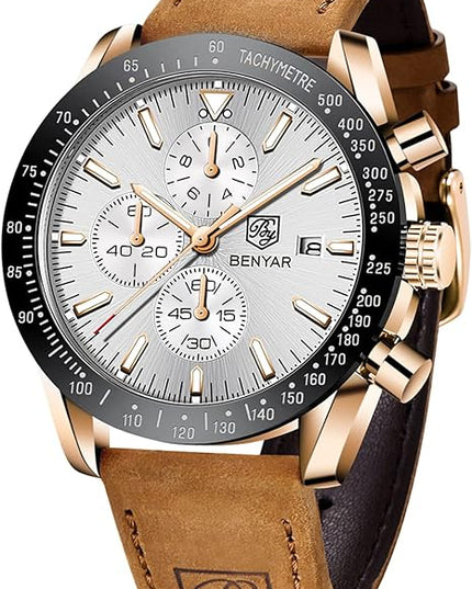 BY BENYAR Watch for Men Analog Quartz Chronograph Waterproof Luminous Designer Mens Wrist Watches Business Work Sport Casual Dress Watch with Silicone Strap Elegant Gifts for Men