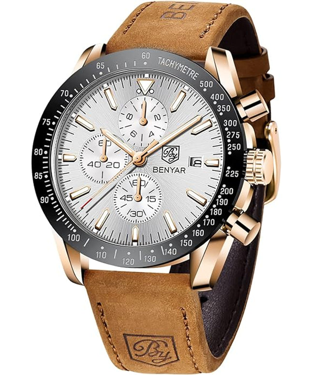 BY BENYAR Watch for Men Analog Quartz Chronograph Waterproof Luminous Designer Mens Wrist Watches Business Work Sport Casual Dress Watch with Silicone Strap Elegant Gifts for Men