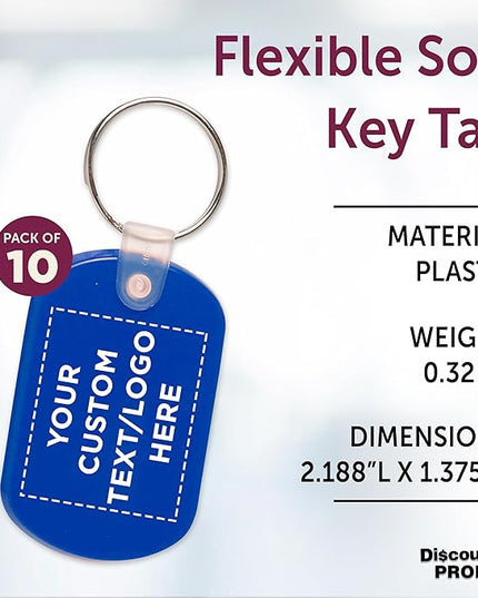DISCOUNT PROMOS Tag Soft Plastic Keychains - 10 pack - Customizable Text, Logo - Small Key Tag Chain For Staying Organized - Rubber Key Ring Keychain – Blue