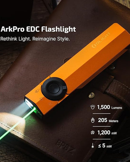 OLIGHT ArkPro EDC Flat Flashlight Rechargeable with Green Beam, UV and White LED,1500 Lumens USB-C Pocket Camping Flashlight, Spotlight Floodlight for Outdoor Emergency Working (Orange CW)