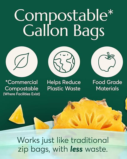 Cleanomic Compostable* Gallon Size Food Storage Bags (25 Eco Zip) Freezer and Leak Proof, Also Available Quart, Snack and Sandwich Bags