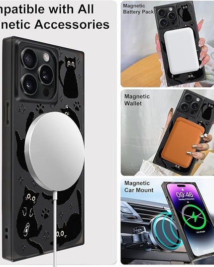 Cute Case for iPhone 14 Pro Case for Women Girls Boys [Compatible with Magsafe] Kawaii Black Cats Cat Pattern Design, Aesthetic Girly Animal Rectangle Magnetic Protective Phone Cover