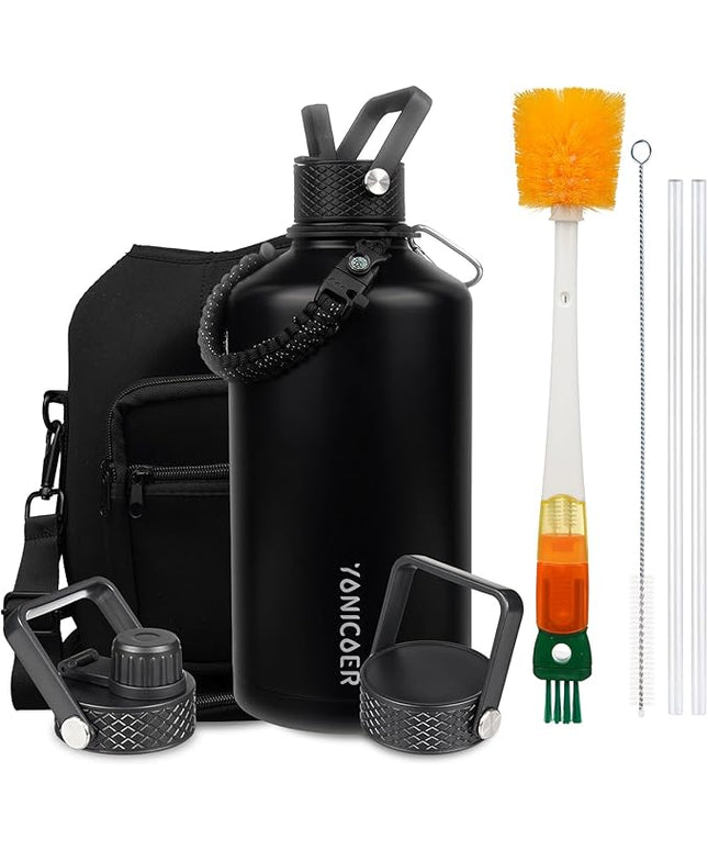 Insulated Water Bottle 128oz,Triple Wall Vacuum Stainless Steel(Dishwasher Safe),Leak Proof & Non-BPA,Flask Jug with Paracord Handle & Straw Spout Lids Sports Black