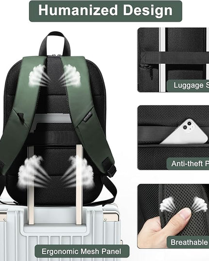 Business Backpack 17 Inch Slim Expandable Waterproof Travel Laptop Backpacks with USB Charger Port Anti-Theft Lightweight Large Work Computer Bag College Laptop Backpacks Gifts for Men Women, Green