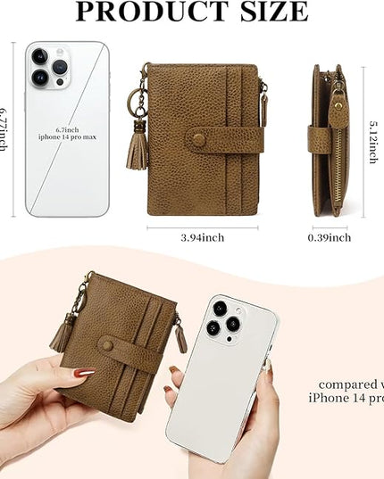 Blucoay Leather Wallet Women,RFID Blocking Small Wallet for Women Compact Card Holder Bifold Tassel Wallet Coin Purse With ID Window light khaki