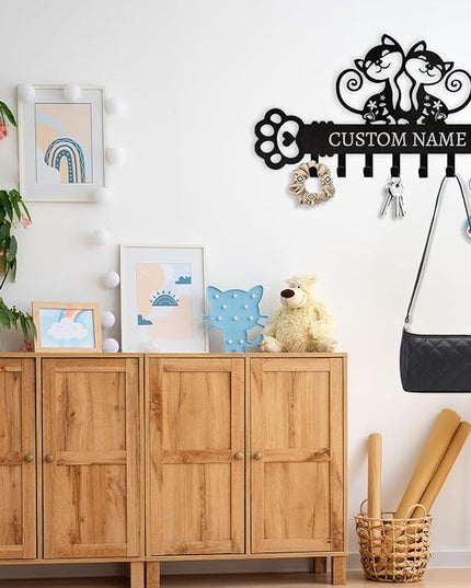 Cat Key Holder with Custom Name & Hooks - Personalized Metal Key Rack Wall Mount Art Decor for Bedroom Doorway Office