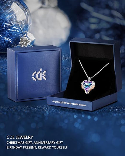 CDE Christmas Gifts for Women Angel Wings Necklace for Women with Birthstone, Love Heart Silver Tone/Gold Tone Pendant, Ideal Anniversary or Birthday Jewelry Gifts for Wife Girlfriend Her