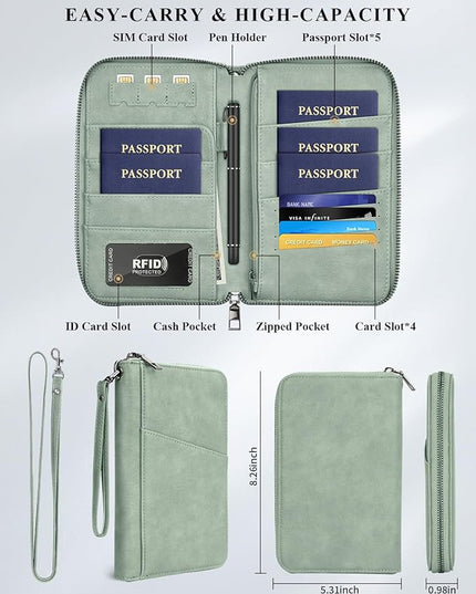 Family Passport Holder Wallet RFID Travel Document Organizer for Women Men, Portable Case Cover for Cards, Boarding Pass with Wrist & Neck Double Strap, Travel Christmas Gifts (Sage Green, 1pack)