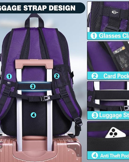 ProEtrade Travel Backpack, Extra Large Laptop Backpack School Business Anti Theft TSA Approved College Work Computer Bag Fits 17 Inch Laptop with USB Charging Port Bookbag for Women Men(Purple)