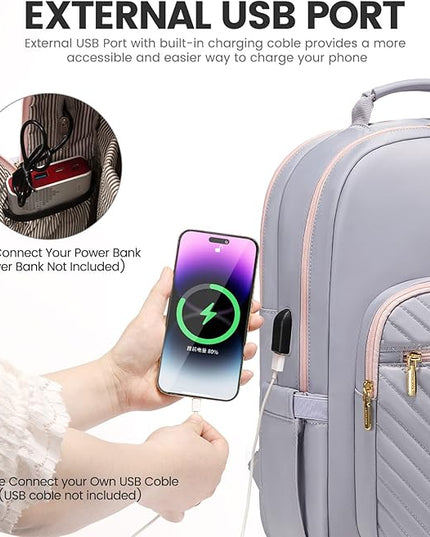 LOVEVOOK Laptop Backpack for Women 15.6 inch,Cute Travel Carry on Backpack Purse,Professional Computer Bag,Waterproof Work Business College Teacher Bag with USB Port,Grey Pink