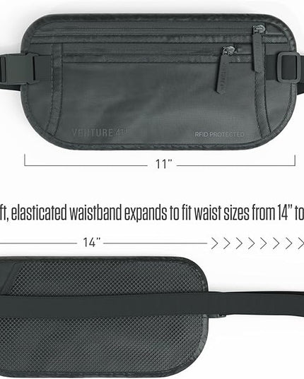 VENTURE 4TH Money Belt for Travel – Hidden Under-Clothes RFID Blocking Passport Holder & Slim Travel Wallet Pouch for Men & Women to Protect Cash, Cards & Documents (Sleek Gray)
