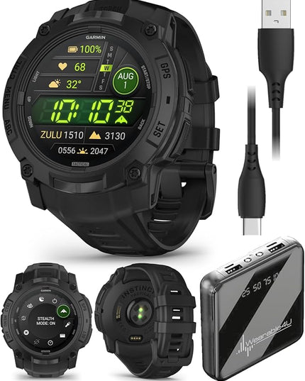 Wearable4U Garmin Instinct 3 Tactical Edition, AMOLED Display, 50mm, Rugged Outdoor GPS Smartwatch, Applied Ballistics Support, LED Flashlight, Multi-Band GPS, 10 ATM PowerBank Bundle