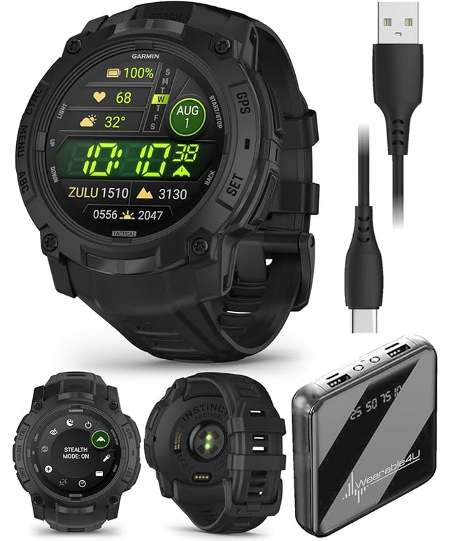 Wearable4U Garmin Instinct 3 Tactical Edition, AMOLED Display, 50mm, Rugged Outdoor GPS Smartwatch, Applied Ballistics Support, LED Flashlight, Multi-Band GPS, 10 ATM PowerBank Bundle