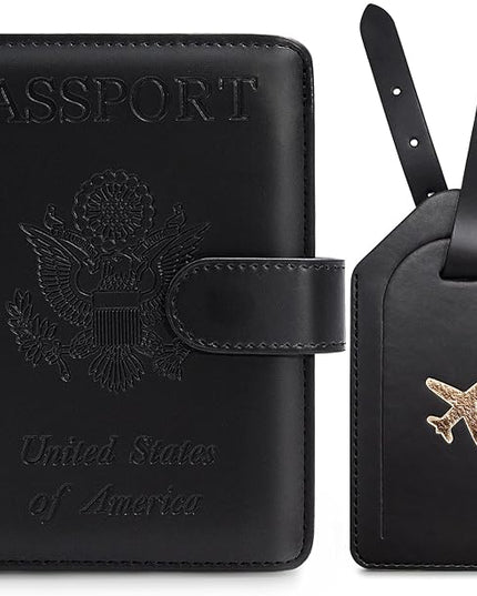 Passport Holder For Travel with Luggage Tag Cover – RFID Blocking Travel Passport Wallet Holder for Men/Family| PU Leather Passport Case with Extra Money Pocket/Magnetic Clasp, Black