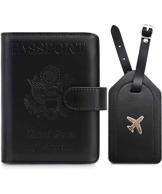 Passport Holder For Travel with Luggage Tag Cover – RFID Blocking Travel Passport Wallet Holder for Men/Family| PU Leather Passport Case with Extra Money Pocket/Magnetic Clasp, Black