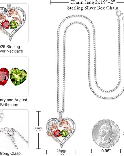 Iefil Christmas Gifts for Women Wife - 925 Sterling Silver Rose Heart Birthstone Necklace Birthday Anniversary Jewelry Gifts for Her Wife Mom Daughter
