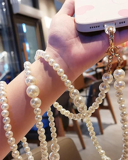 Phone Chain Crossbody Pearl Strap, Pearl Beaded Chain Shoulder Crossbody Lanyard with Phone Tether Patches Compatible with Most Phones Bag Purse (I)