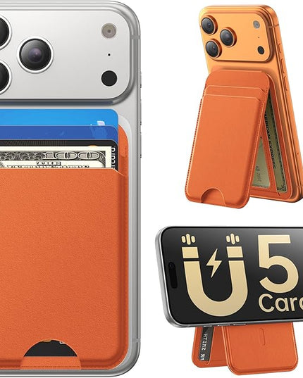 Fanseesy for MagSafe Wallet with Stand, 5 Card Holder, Slim Leather Magnetic Wallet for iPhone 17/16/15/14/13/12 Pro Max Plus Air Series, 3 Card Slots & 1 Cash Slot,Orange