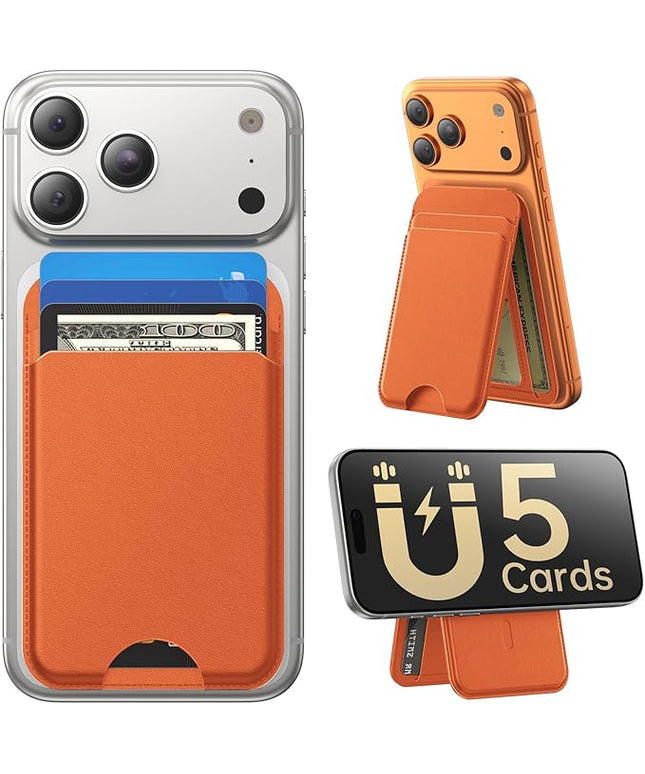 Fanseesy for MagSafe Wallet with Stand, 5 Card Holder, Slim Leather Magnetic Wallet for iPhone 17/16/15/14/13/12 Pro Max Plus Air Series, 3 Card Slots & 1 Cash Slot,Orange