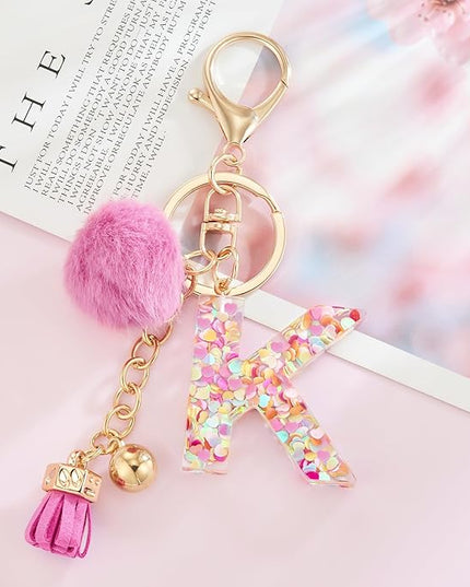 Resin Alphabet Initial Letter Keychain Keyring for Women Purse Handbags With Fur Ball Pom